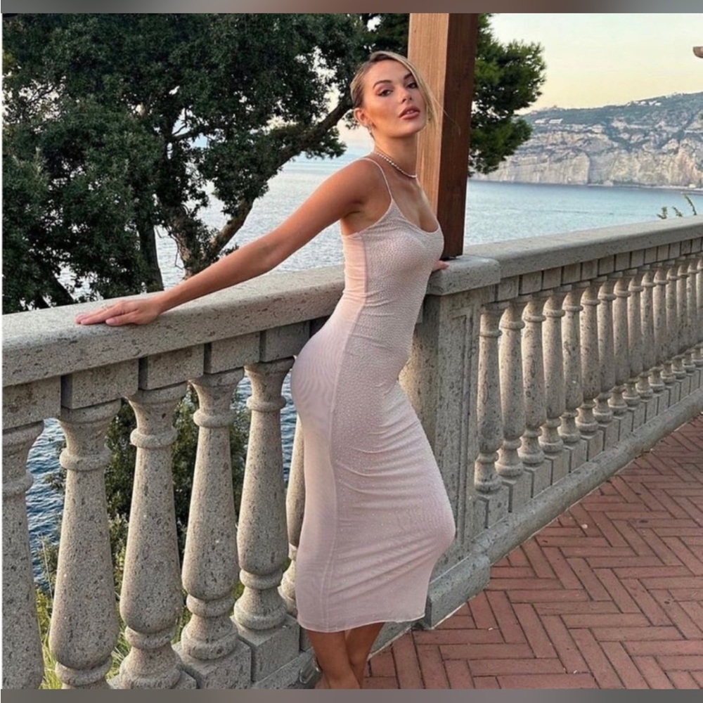 NWT Zara Tan-Pink Bodycon tulle Midi Dress with rhinestones